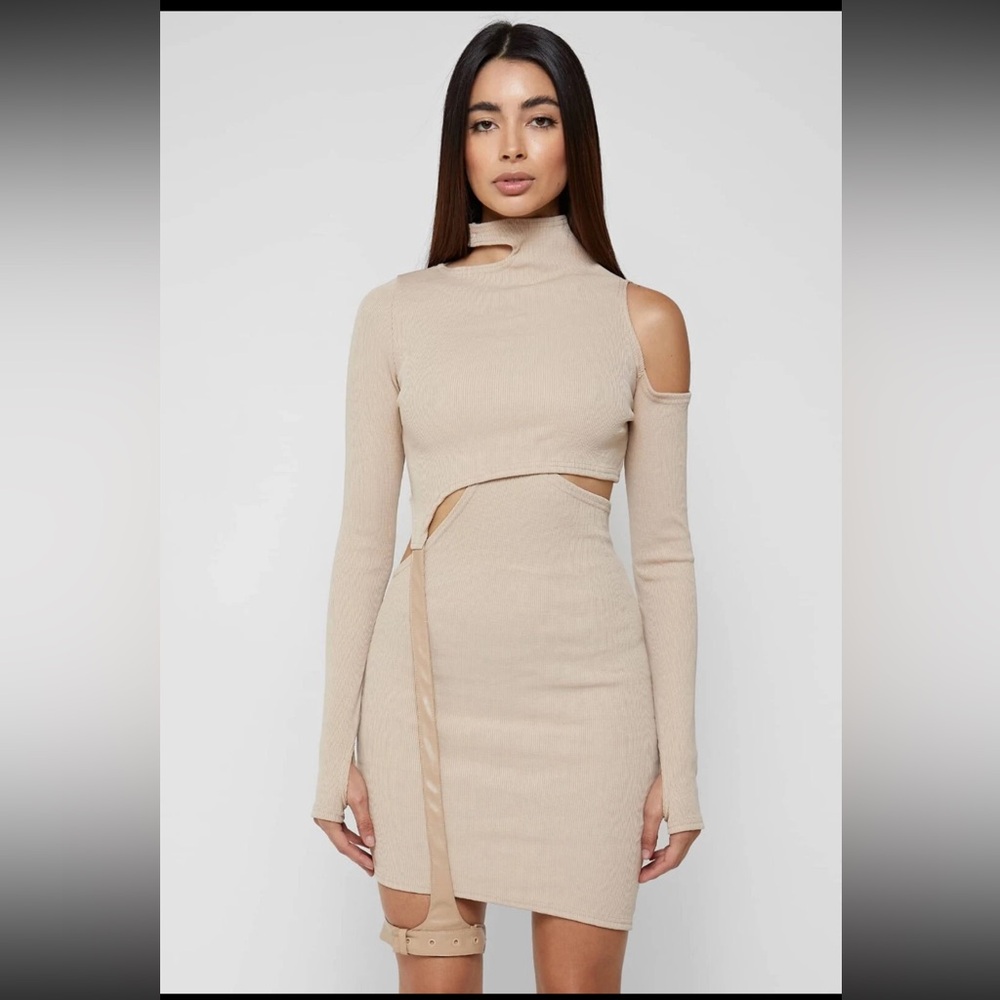 Maniere De Voir NWT Beige Cutout 2-Piece Ribbed Knit Mini Dress